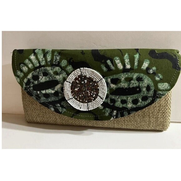 Handmade African Inspired Woven Clutch Bag Tribal Beaded Accent Green Batik Flap - Picture 1 of 5